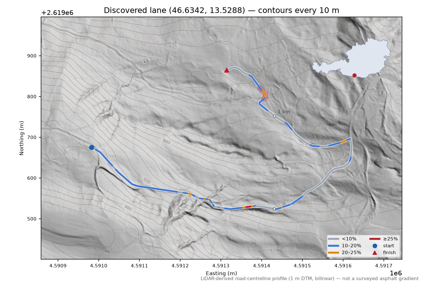 Discovered lane (46.6342, 13.5288) LiDAR hillshade map with contours