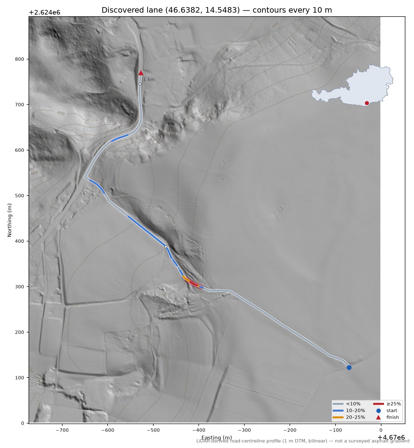 Discovered lane (46.6382, 14.5483) LiDAR hillshade map with contours