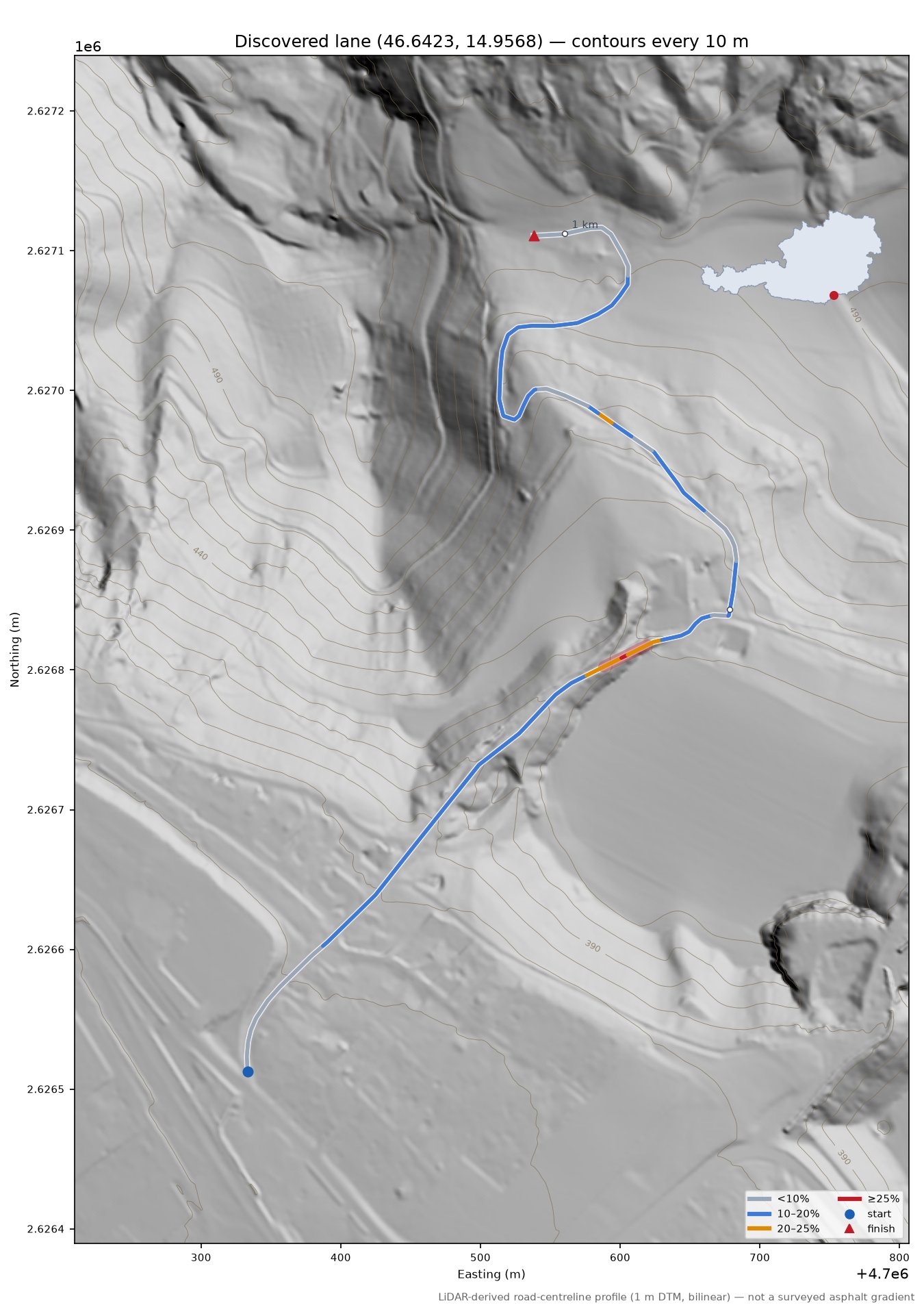 Discovered lane (46.6423, 14.9568) LiDAR hillshade map with contours