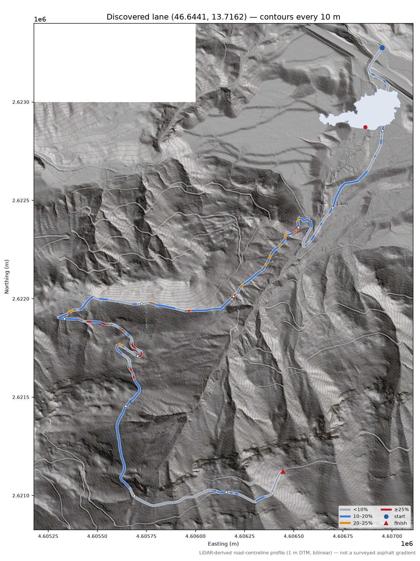 Discovered lane (46.6441, 13.7162) LiDAR hillshade map with contours