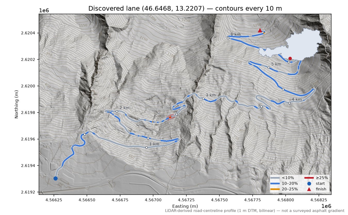 Discovered lane (46.6468, 13.2207) LiDAR hillshade map with contours
