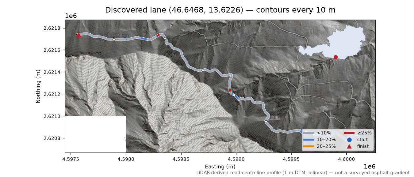 Discovered lane (46.6468, 13.6226) LiDAR hillshade map with contours