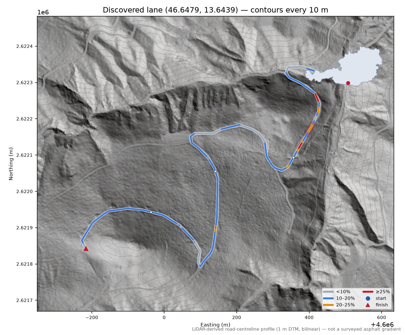 Discovered lane (46.6479, 13.6439) LiDAR hillshade map with contours