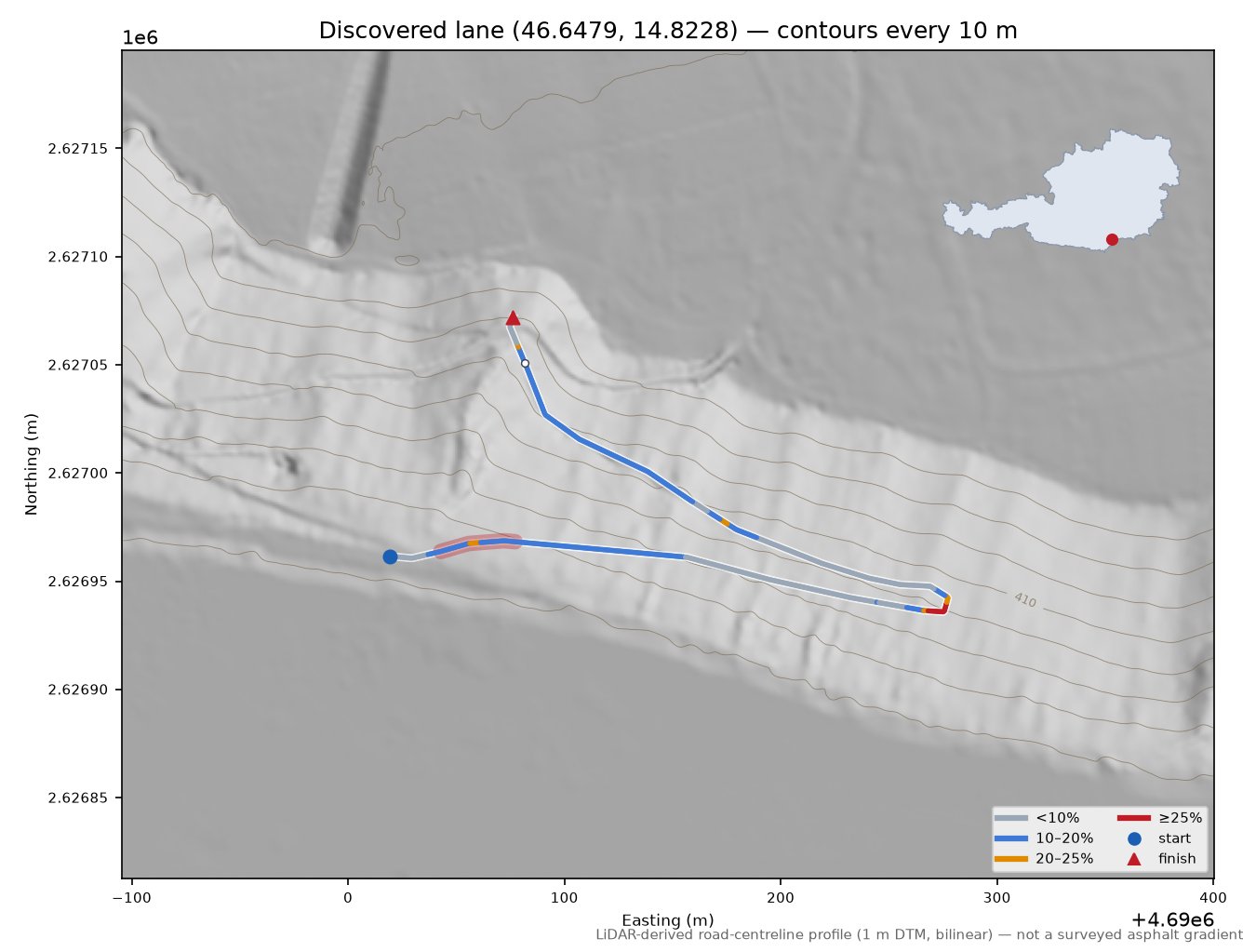 Discovered lane (46.6479, 14.8228) LiDAR hillshade map with contours