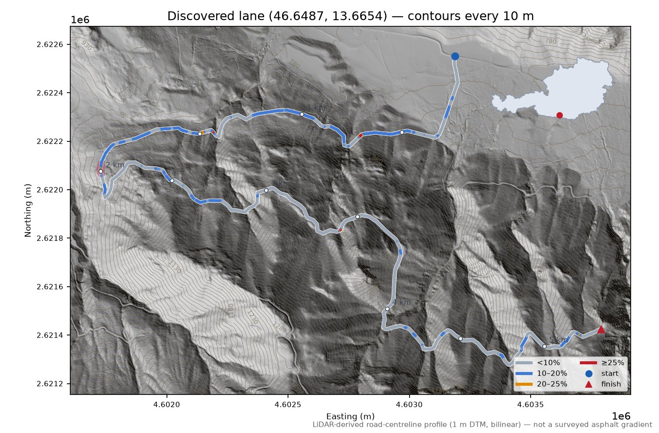 Discovered lane (46.6487, 13.6654) LiDAR hillshade map with contours