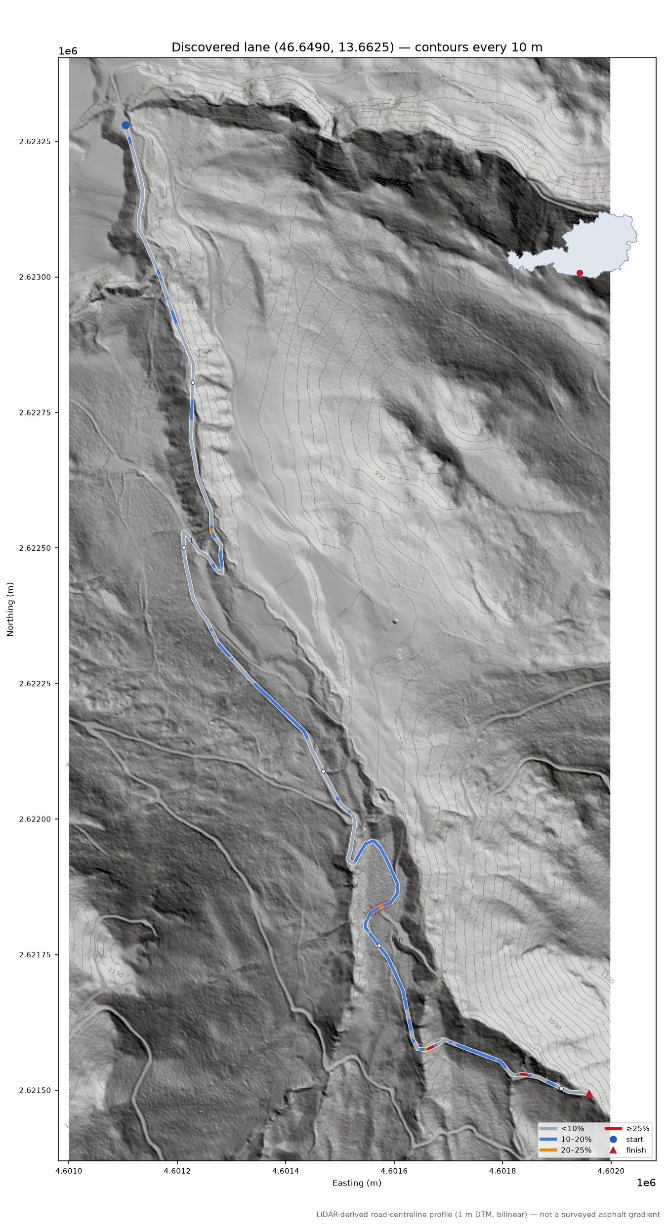 Discovered lane (46.6490, 13.6625) LiDAR hillshade map with contours