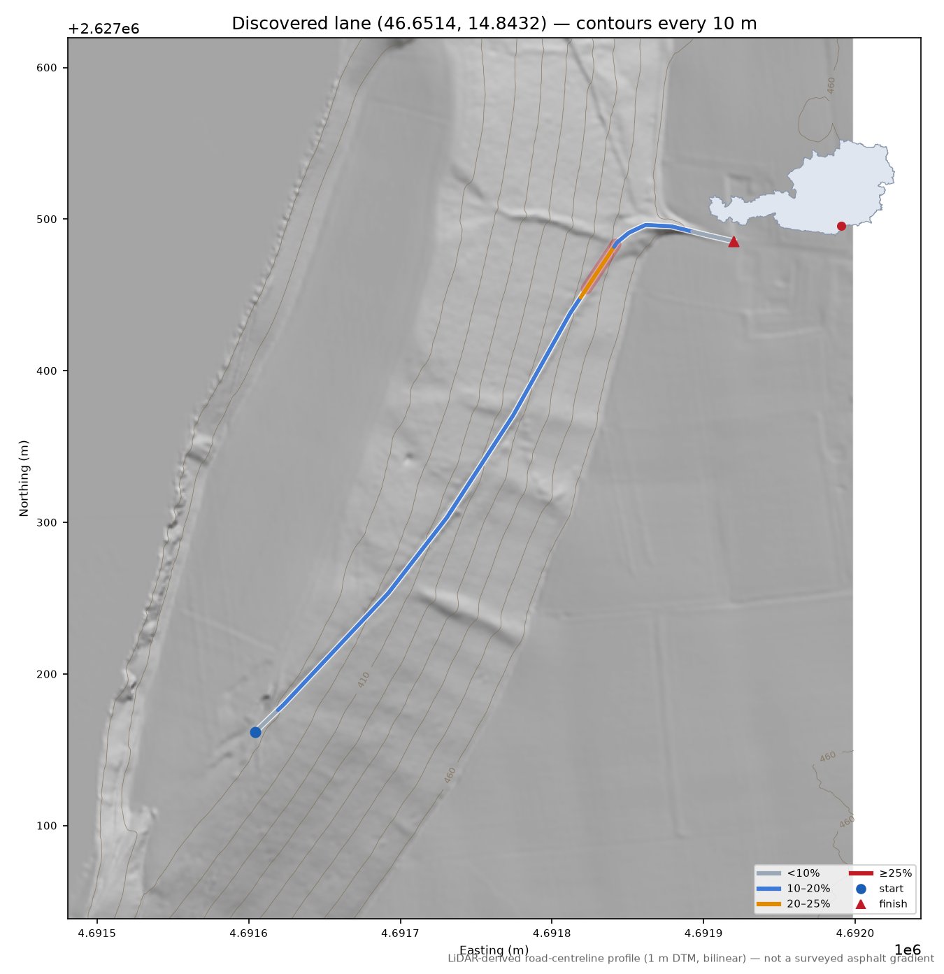 Discovered lane (46.6514, 14.8432) LiDAR hillshade map with contours