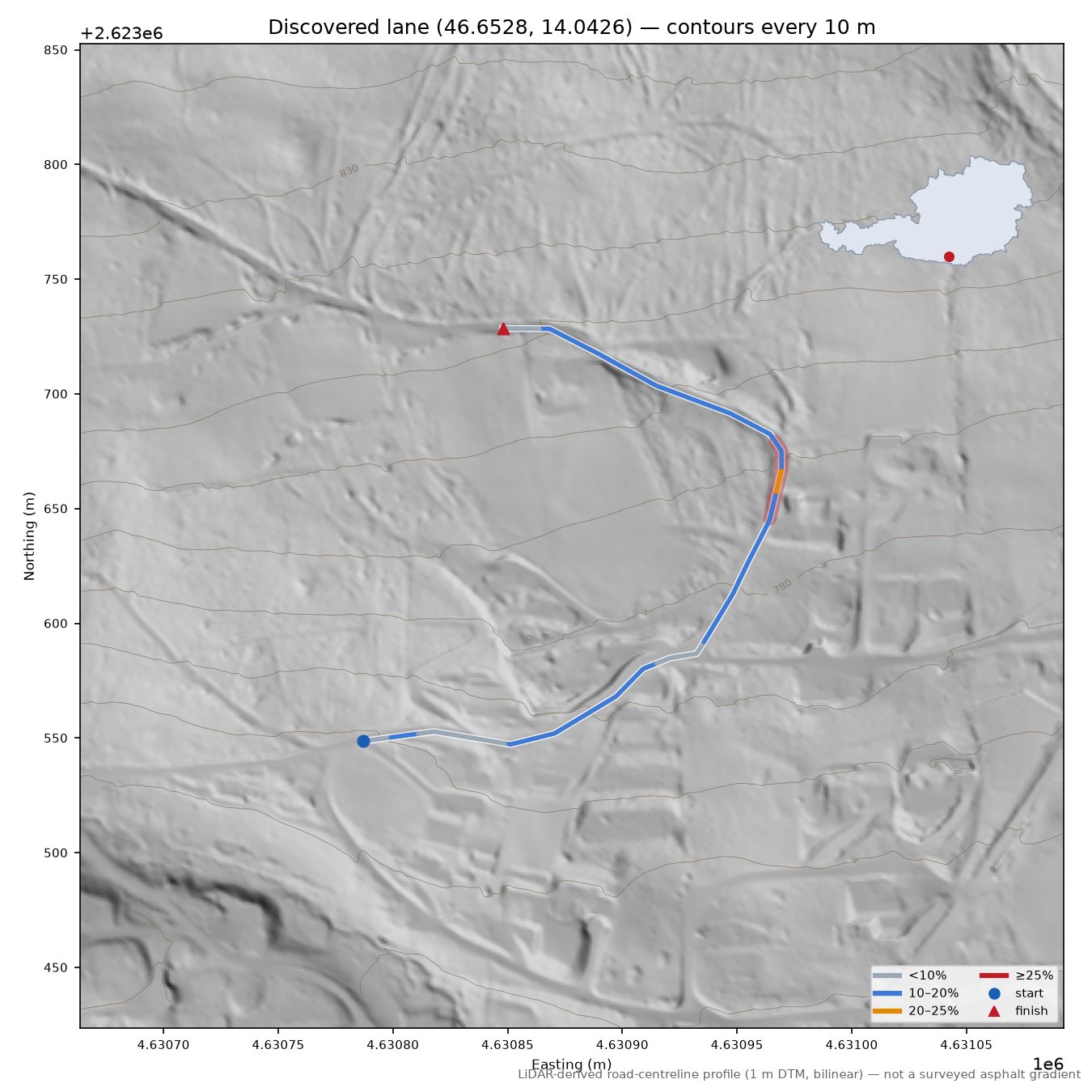 Discovered lane (46.6528, 14.0426) LiDAR hillshade map with contours