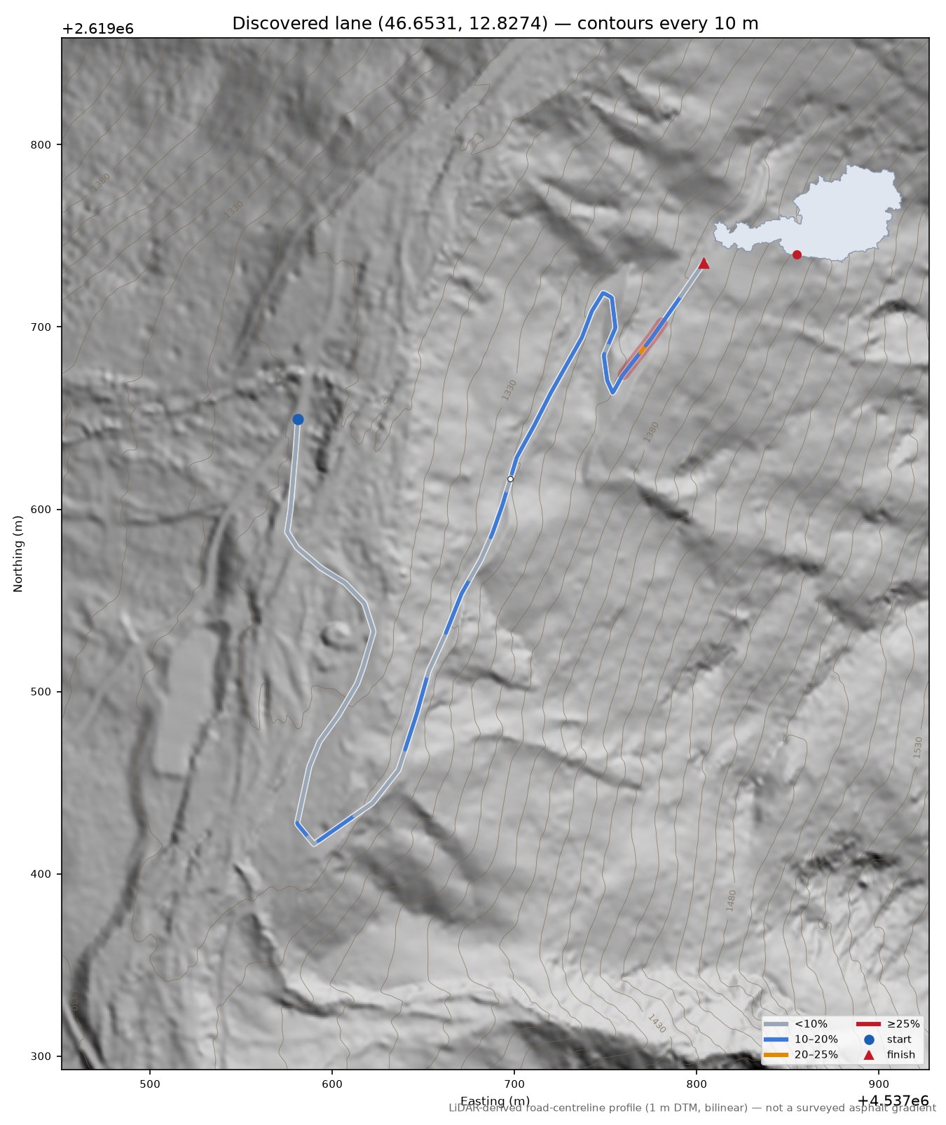 Discovered lane (46.6531, 12.8274) LiDAR hillshade map with contours