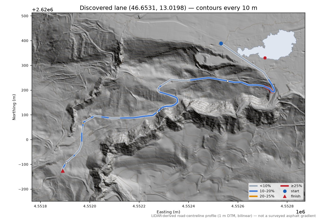 Discovered lane (46.6531, 13.0198) LiDAR hillshade map with contours