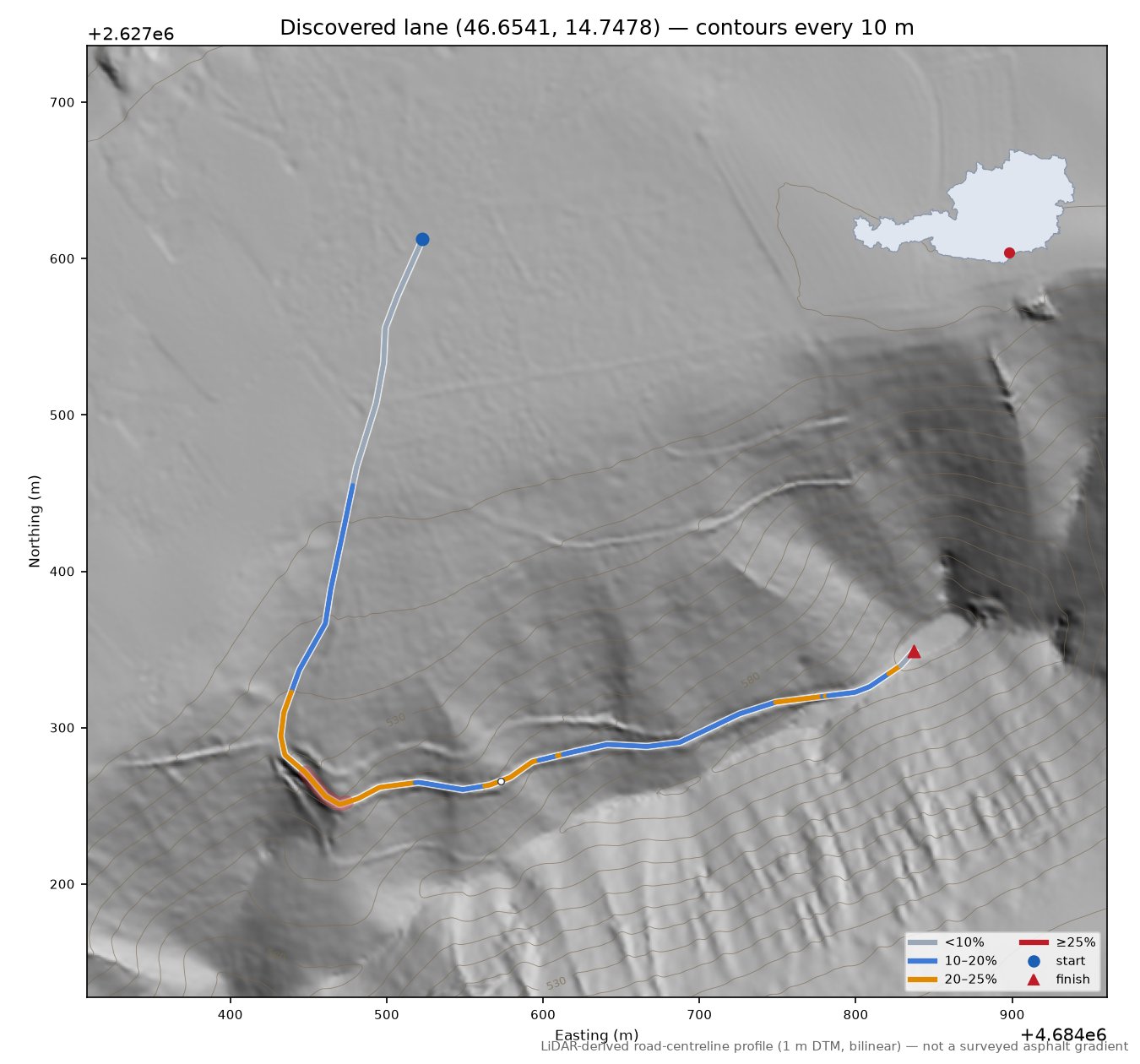 Discovered lane (46.6541, 14.7478) LiDAR hillshade map with contours