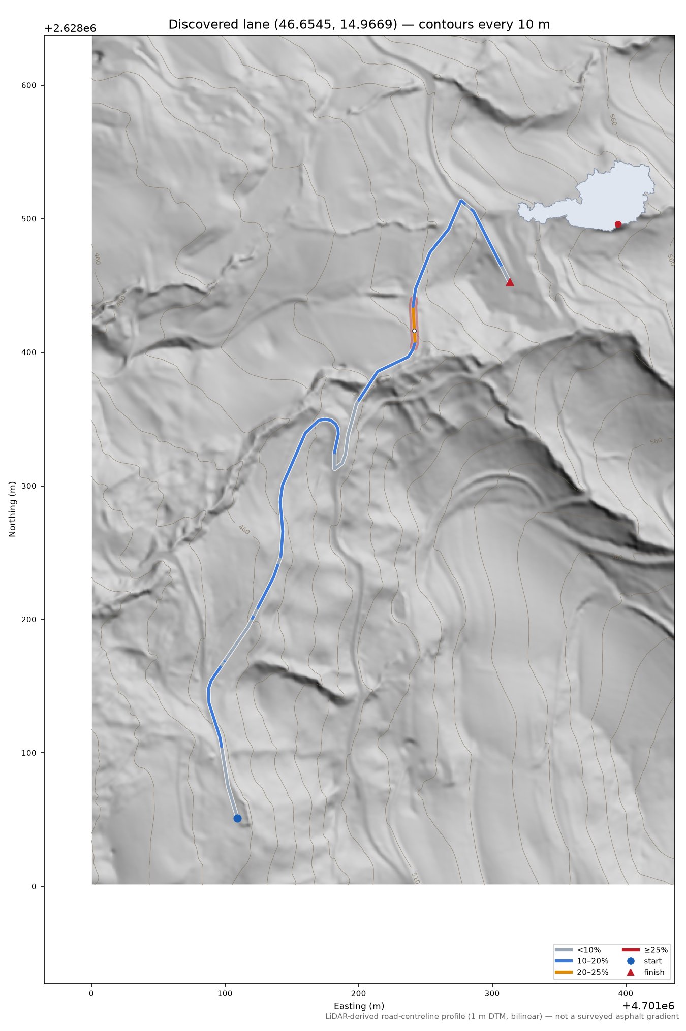 Discovered lane (46.6545, 14.9669) LiDAR hillshade map with contours