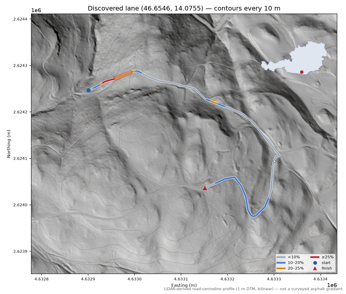 Discovered lane (46.6546, 14.0755) LiDAR hillshade map with contours