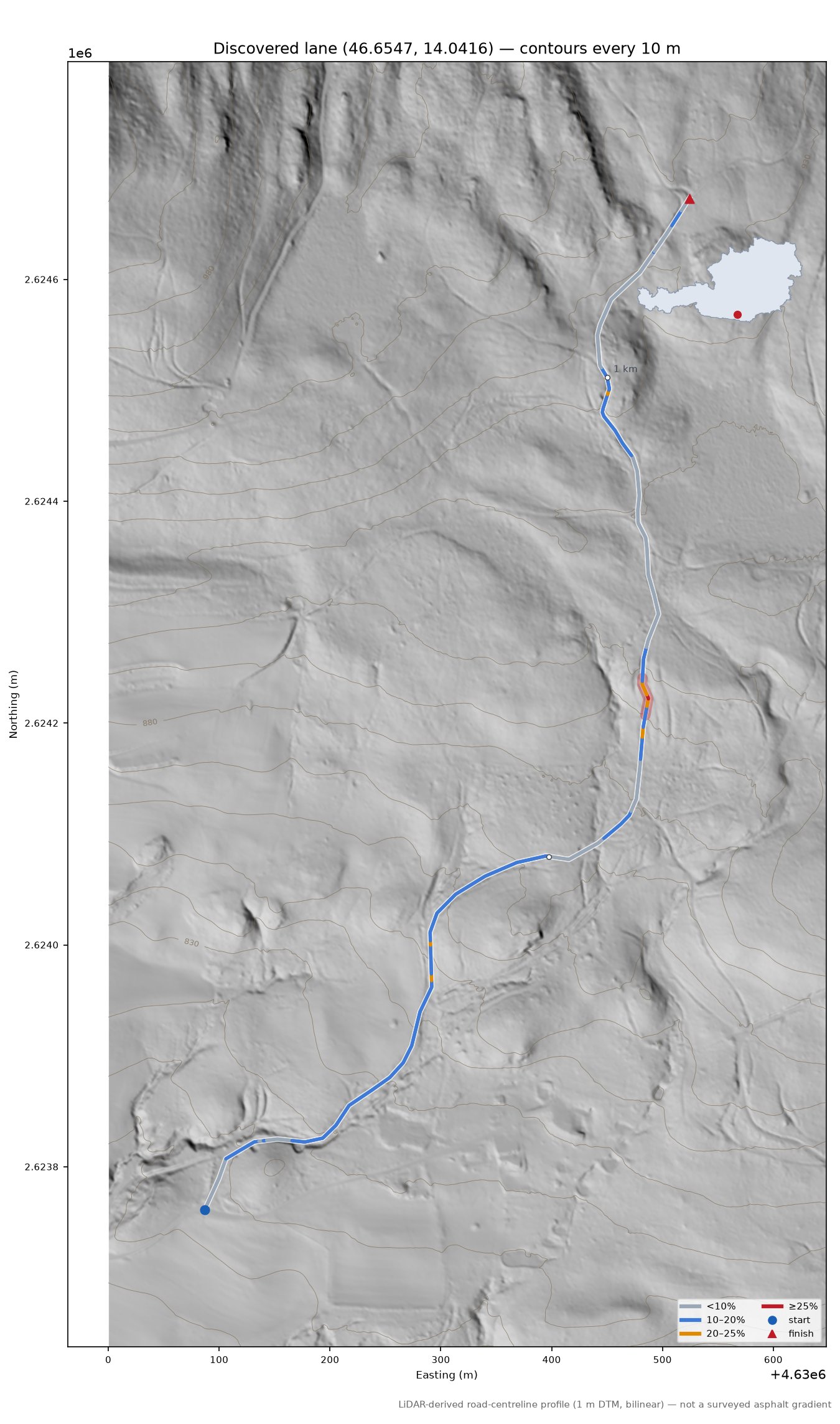 Discovered lane (46.6547, 14.0416) LiDAR hillshade map with contours