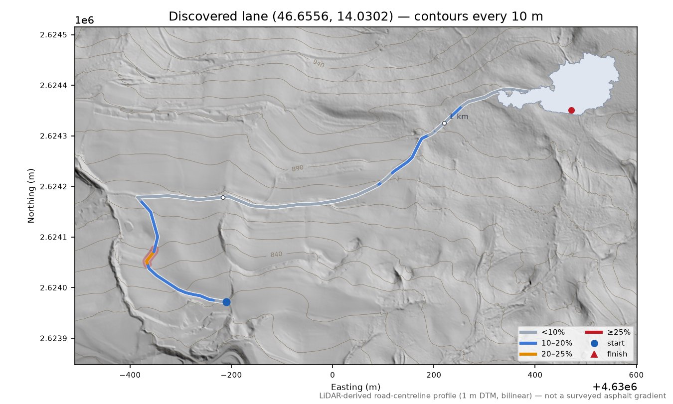 Discovered lane (46.6556, 14.0302) LiDAR hillshade map with contours