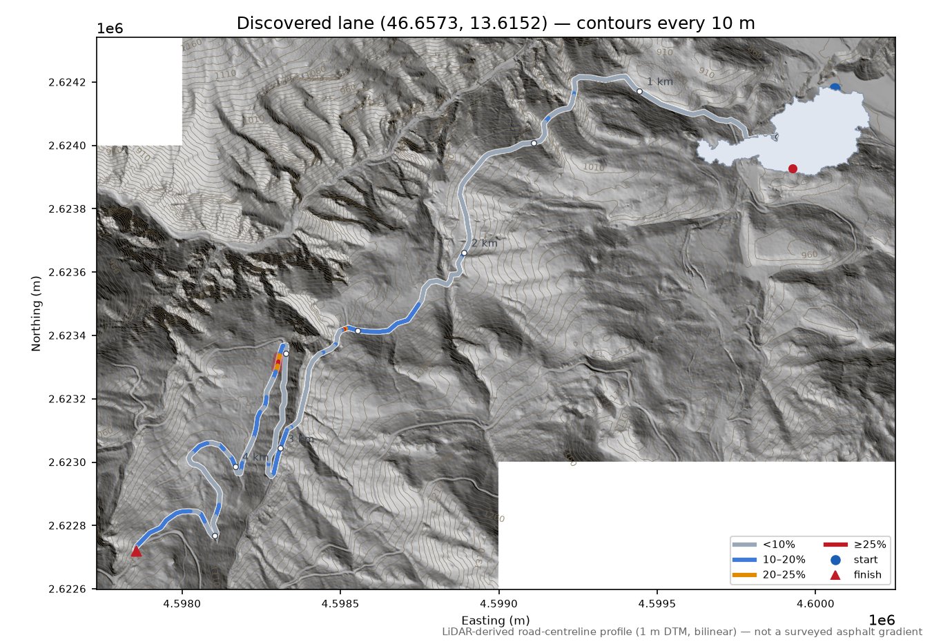 Discovered lane (46.6573, 13.6152) LiDAR hillshade map with contours