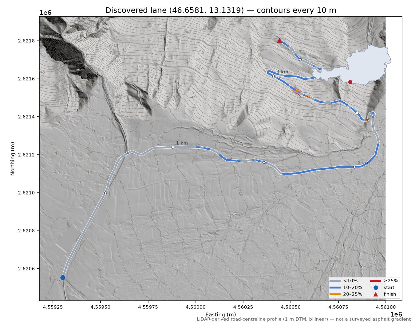 Discovered lane (46.6581, 13.1319) LiDAR hillshade map with contours