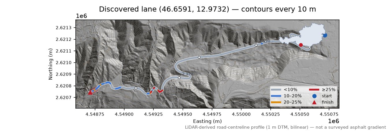 Discovered lane (46.6591, 12.9732) LiDAR hillshade map with contours