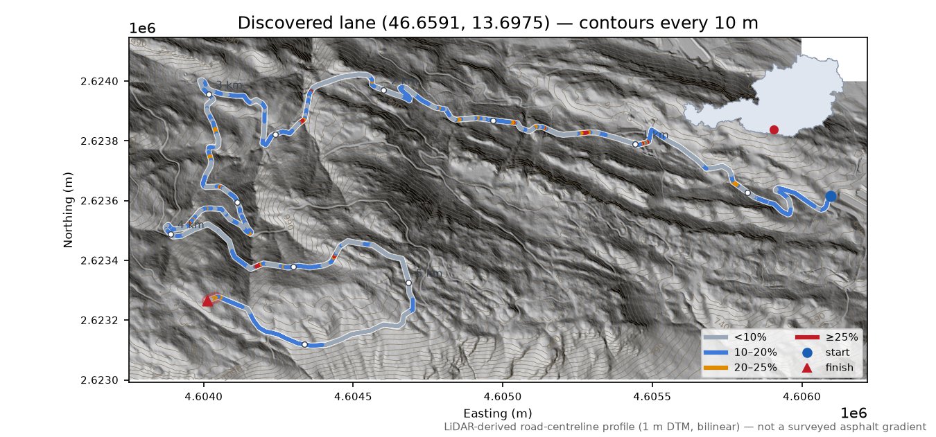 Discovered lane (46.6591, 13.6975) LiDAR hillshade map with contours