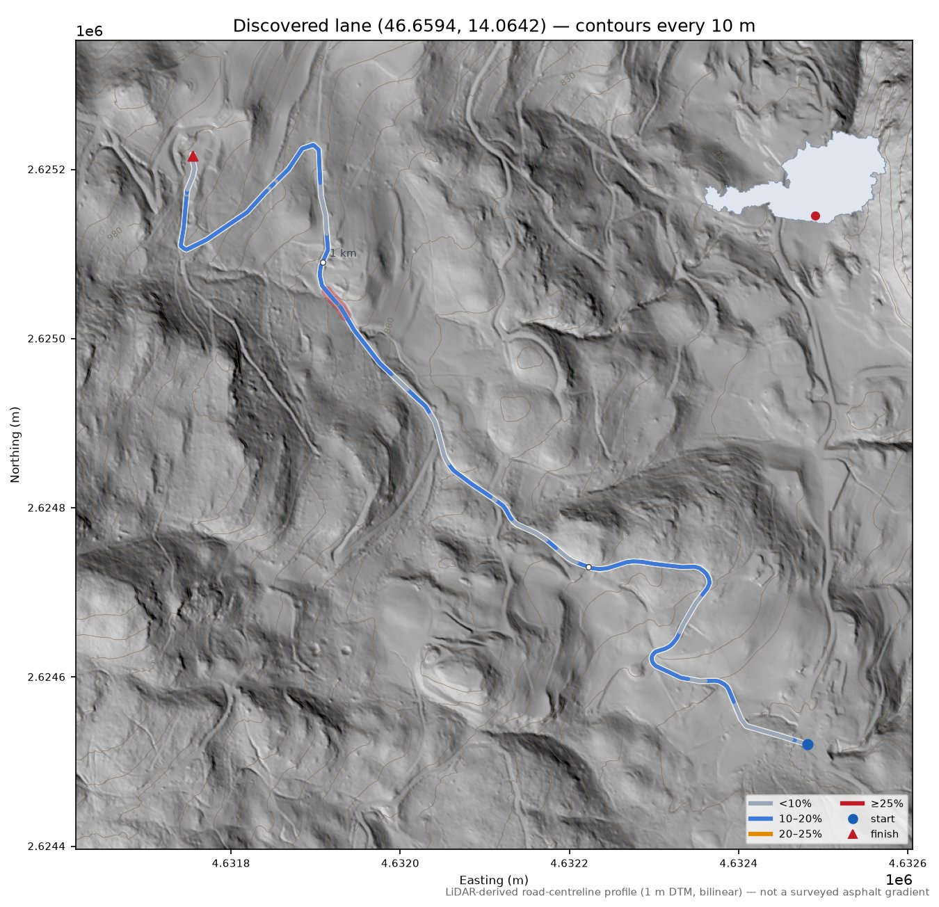 Discovered lane (46.6594, 14.0642) LiDAR hillshade map with contours