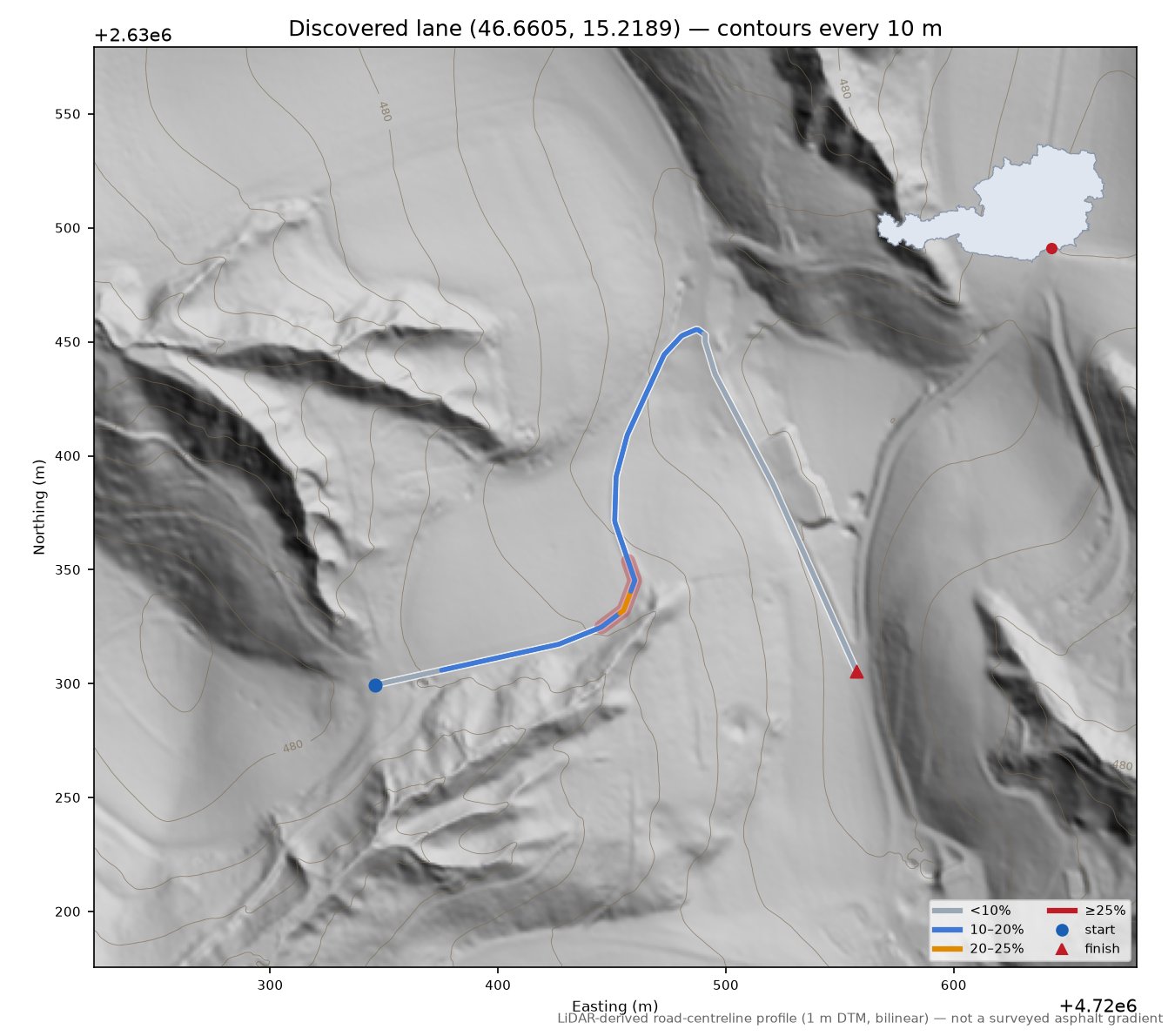 Discovered lane (46.6605, 15.2189) LiDAR hillshade map with contours