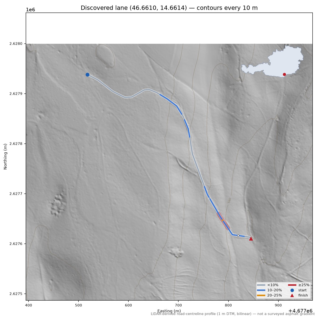 Discovered lane (46.6610, 14.6614) LiDAR hillshade map with contours