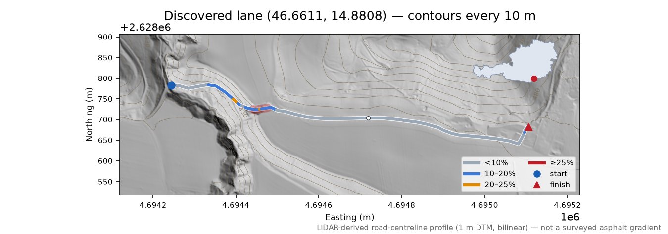 Discovered lane (46.6611, 14.8808) LiDAR hillshade map with contours