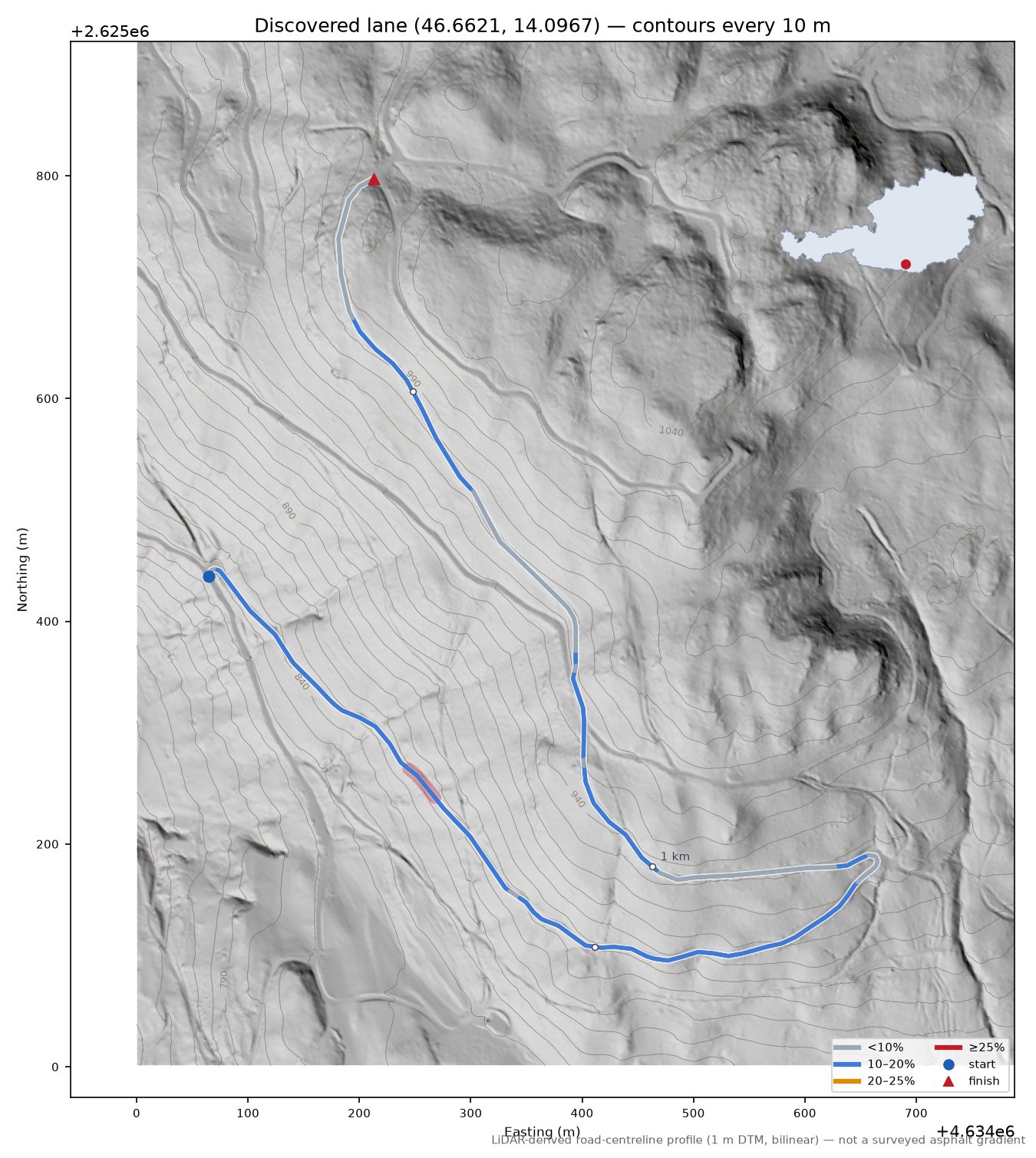 Discovered lane (46.6621, 14.0967) LiDAR hillshade map with contours