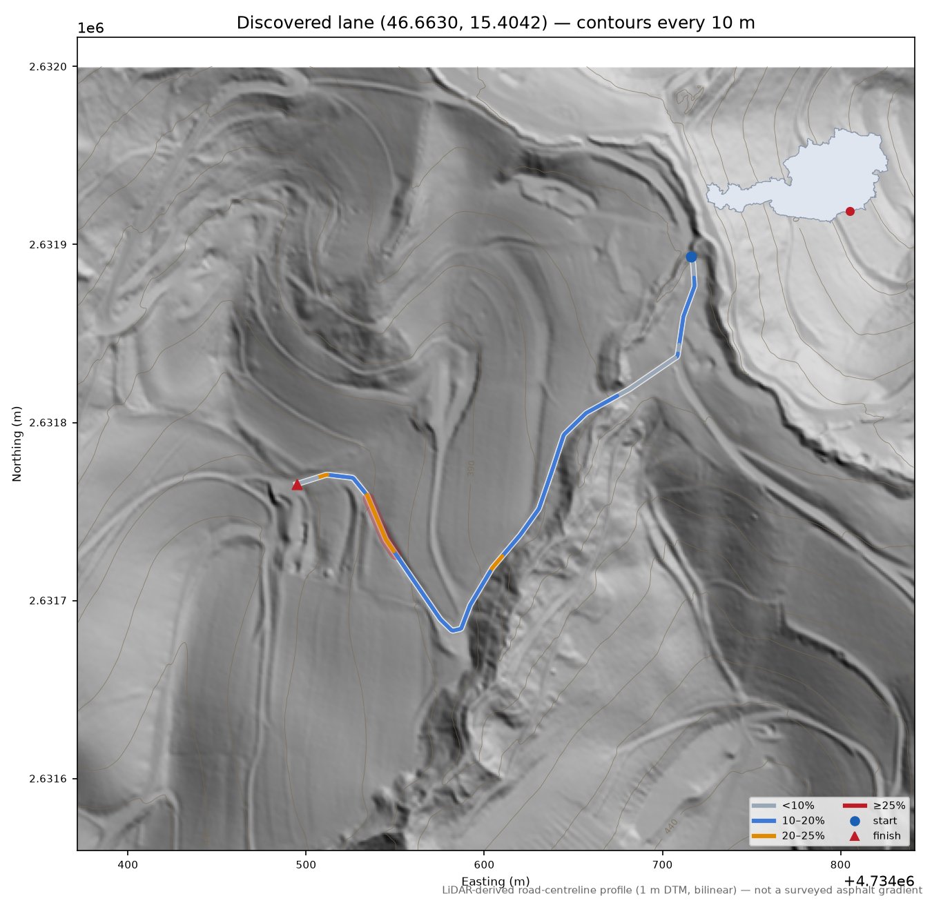 Discovered lane (46.6630, 15.4042) LiDAR hillshade map with contours