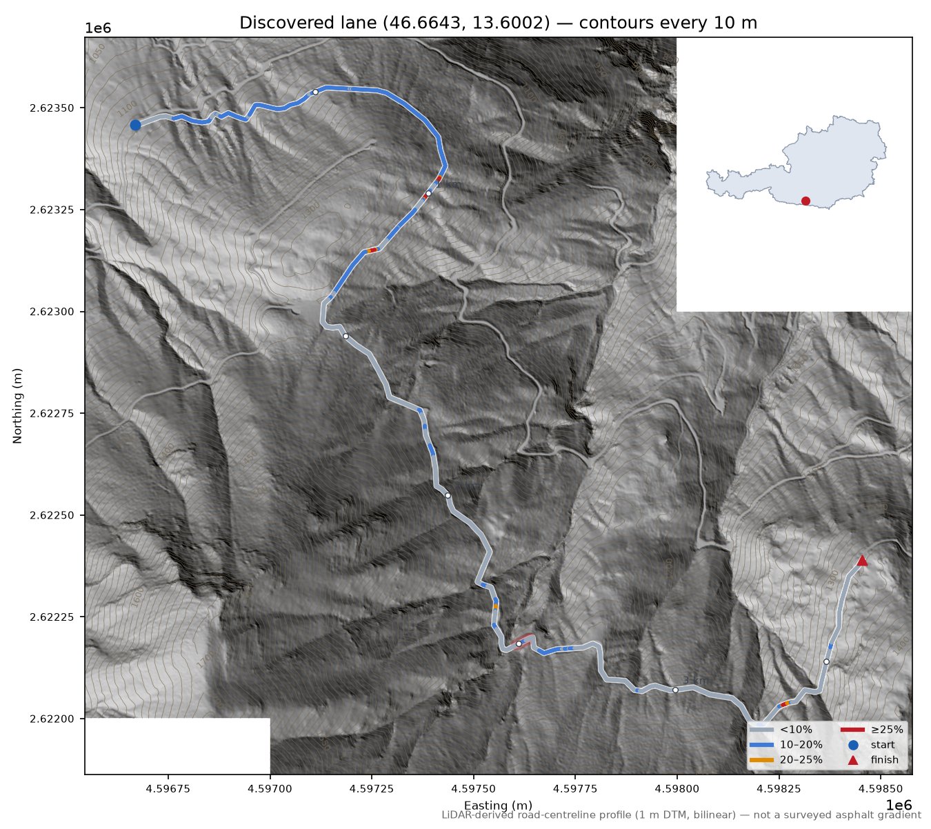 Discovered lane (46.6643, 13.6002) LiDAR hillshade map with contours