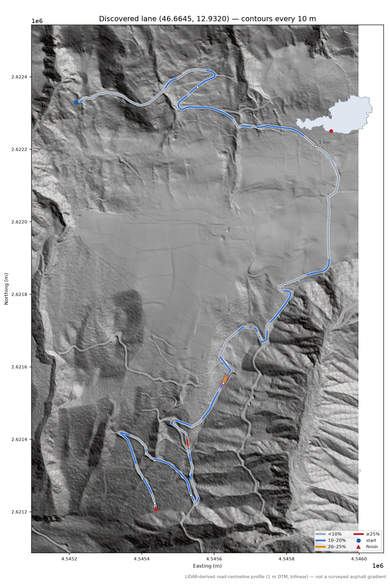 Discovered lane (46.6645, 12.9320) LiDAR hillshade map with contours