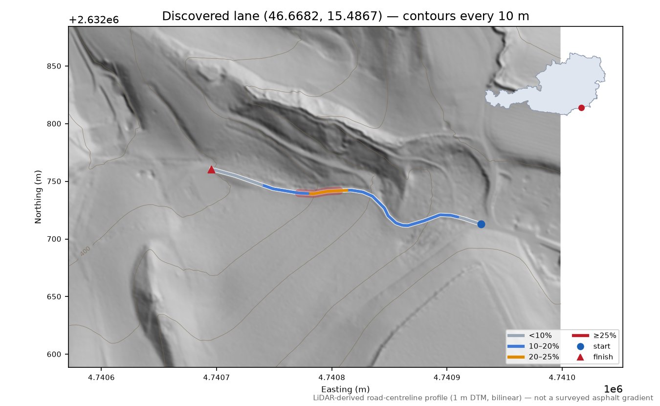 Discovered lane (46.6682, 15.4867) LiDAR hillshade map with contours