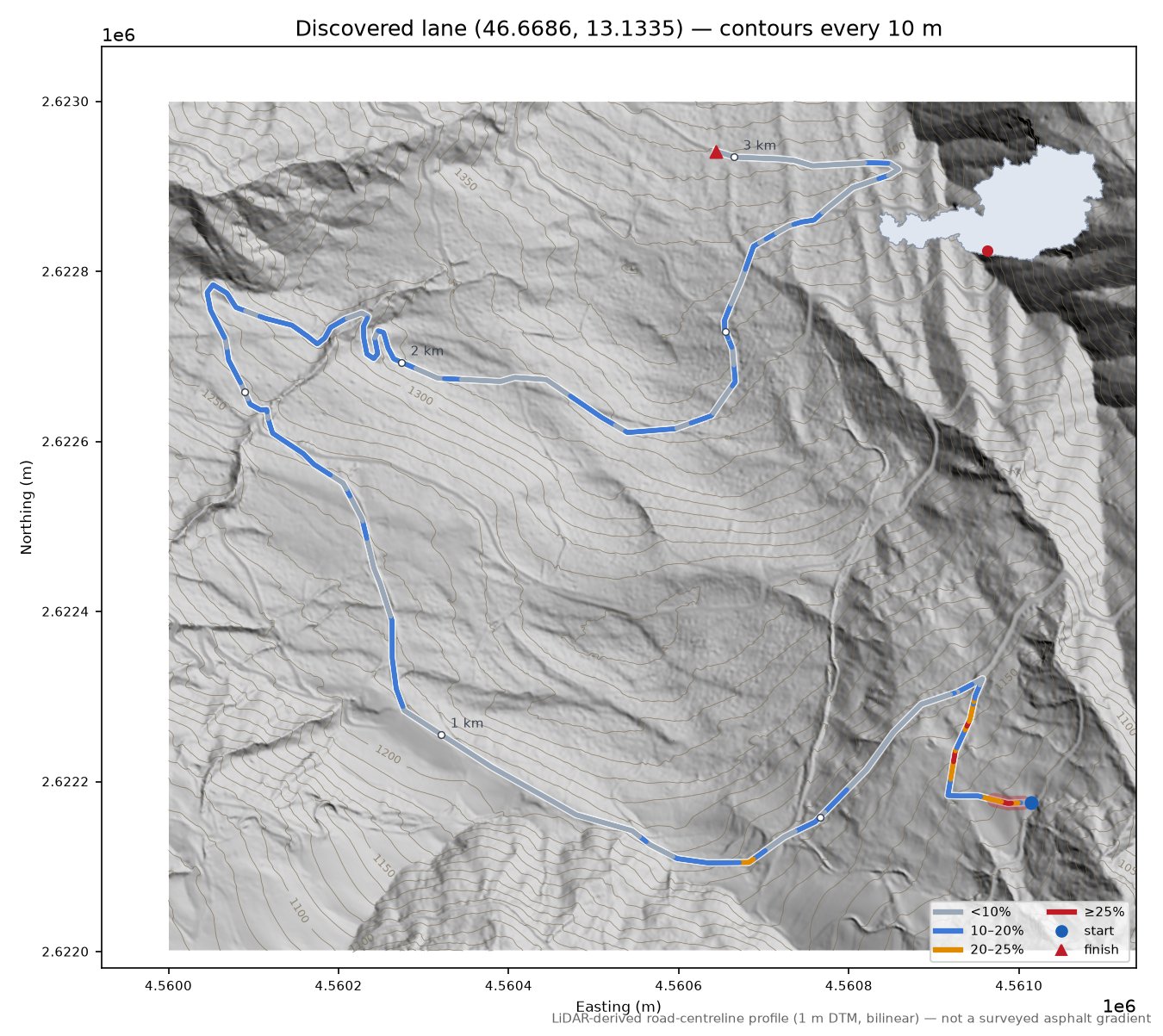 Discovered lane (46.6686, 13.1335) LiDAR hillshade map with contours
