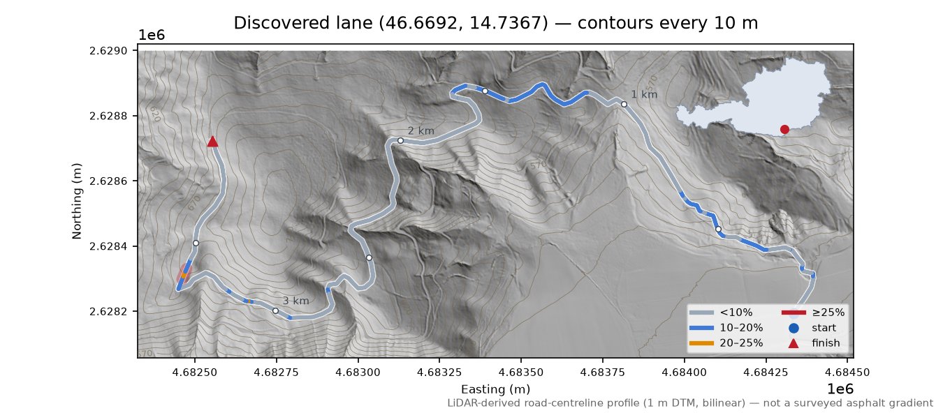 Discovered lane (46.6692, 14.7367) LiDAR hillshade map with contours
