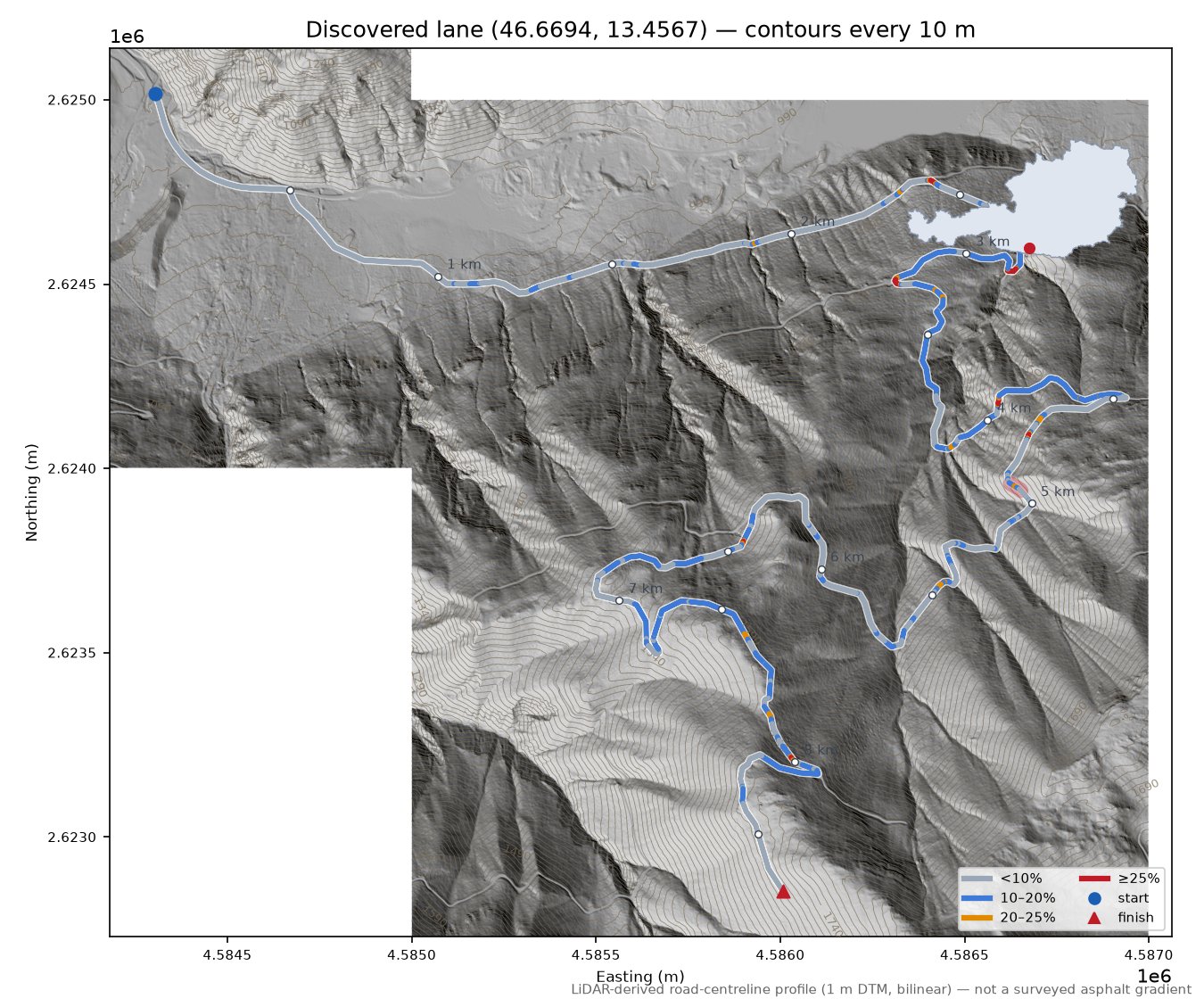 Discovered lane (46.6694, 13.4567) LiDAR hillshade map with contours