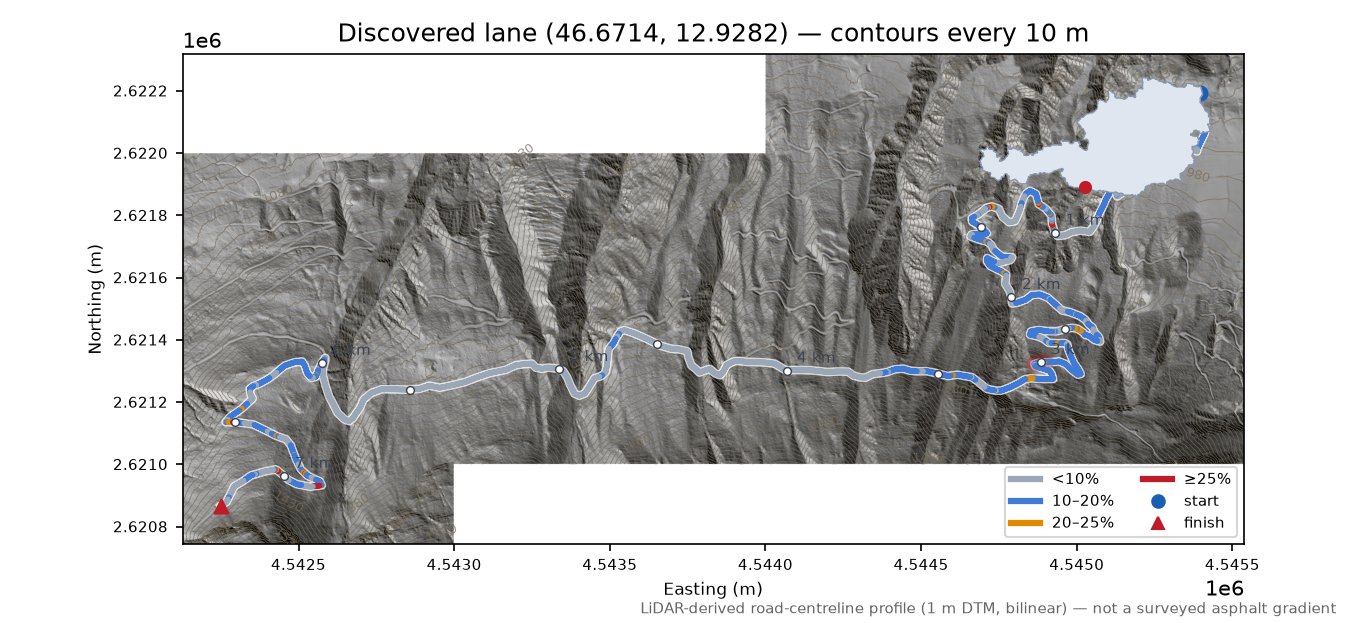 Discovered lane (46.6714, 12.9282) LiDAR hillshade map with contours