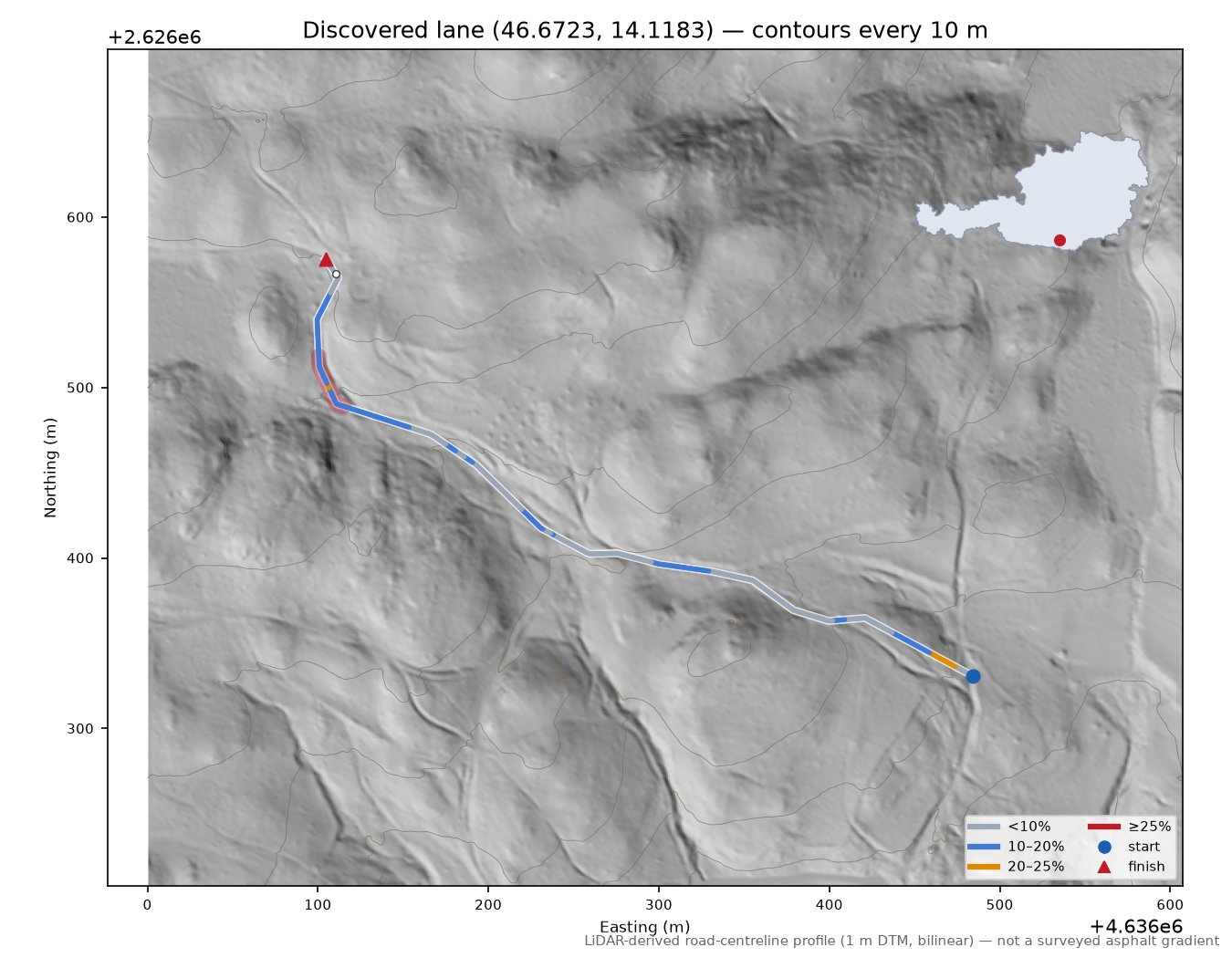 Discovered lane (46.6723, 14.1183) LiDAR hillshade map with contours