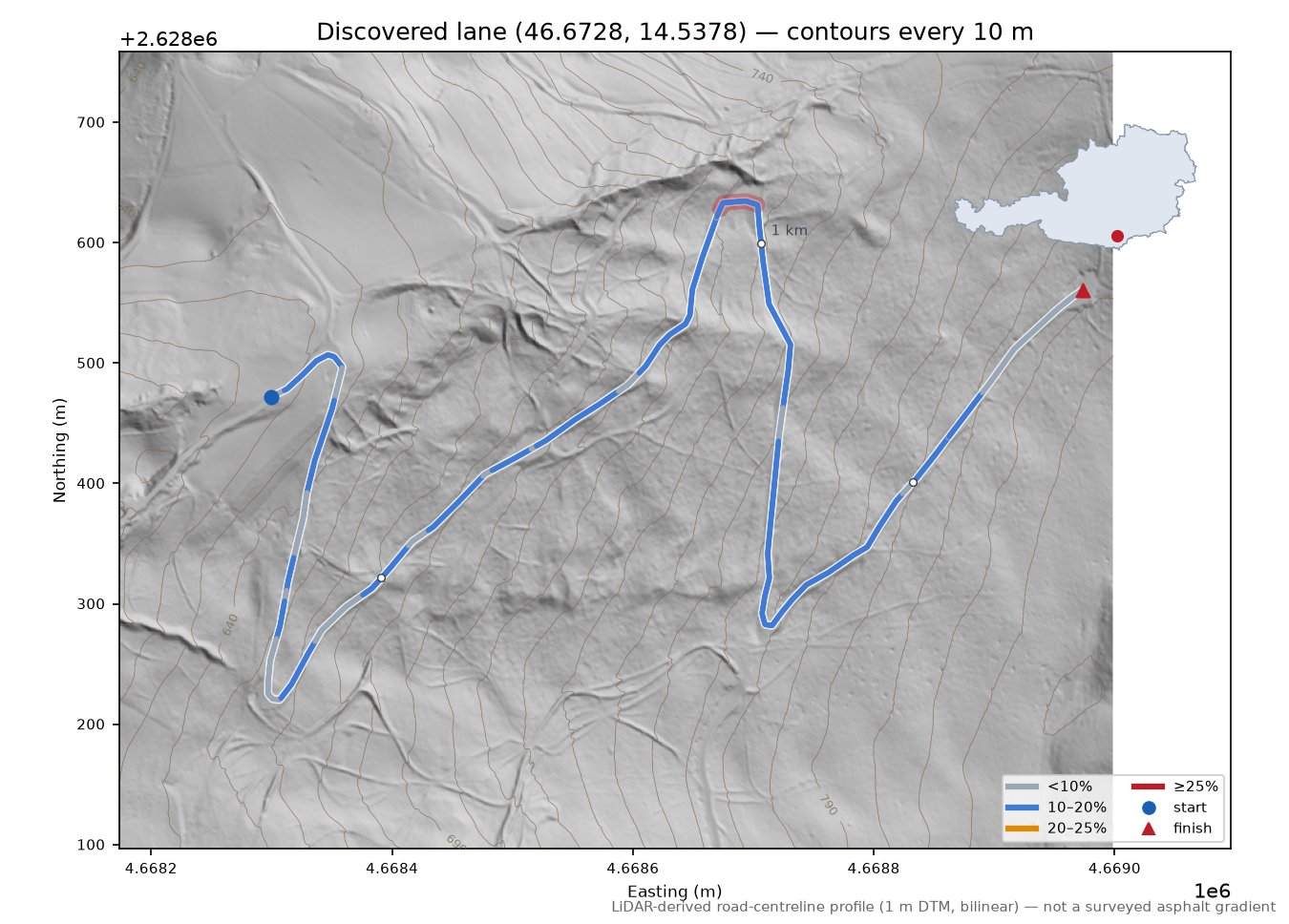Discovered lane (46.6728, 14.5378) LiDAR hillshade map with contours