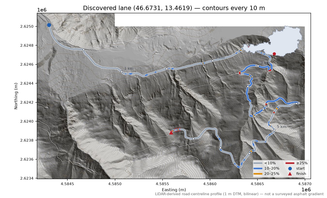 Discovered lane (46.6731, 13.4619) LiDAR hillshade map with contours