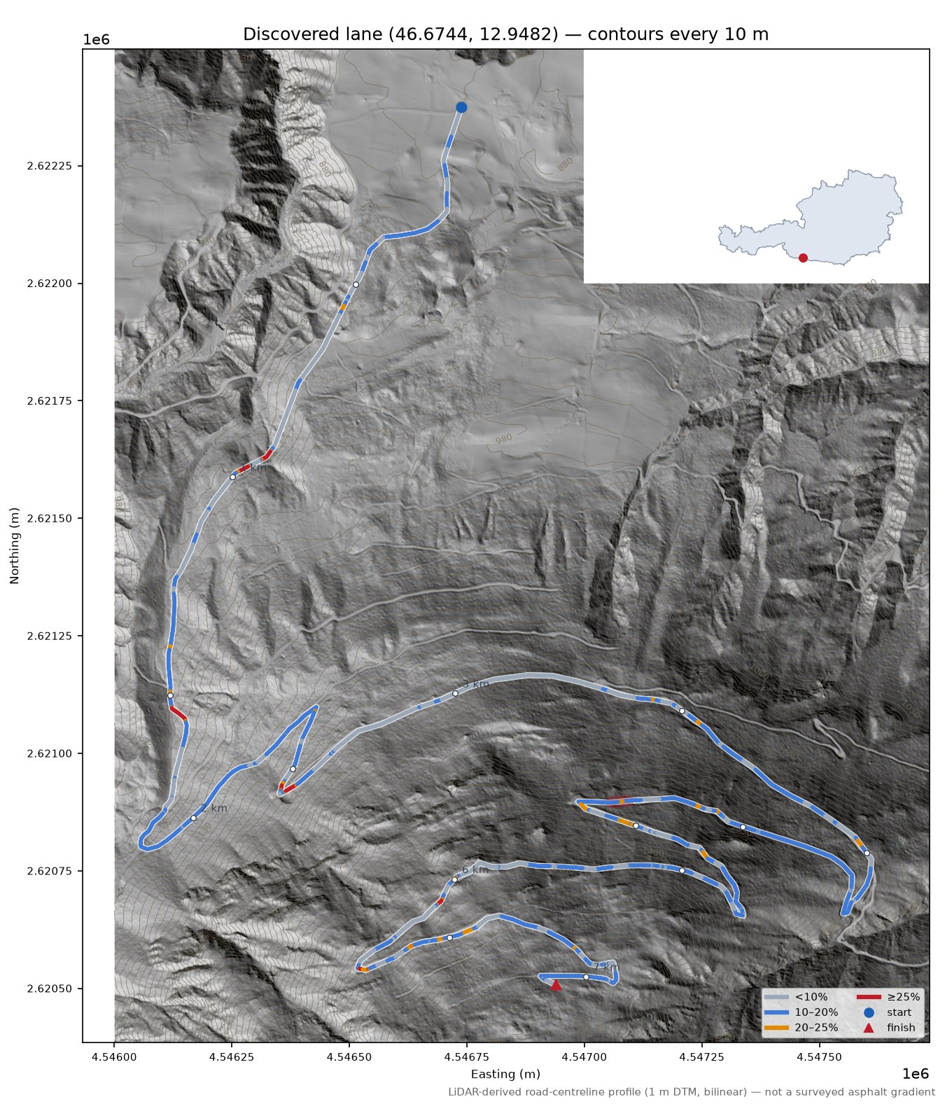 Discovered lane (46.6744, 12.9482) LiDAR hillshade map with contours