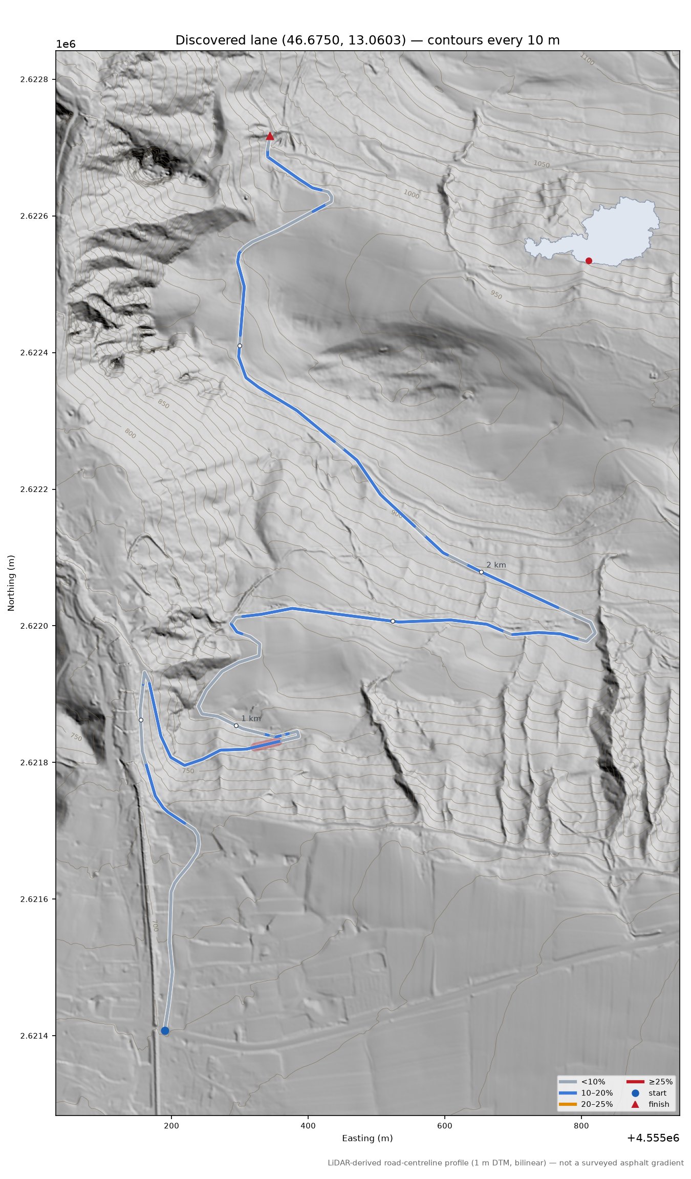 Discovered lane (46.6750, 13.0603) LiDAR hillshade map with contours