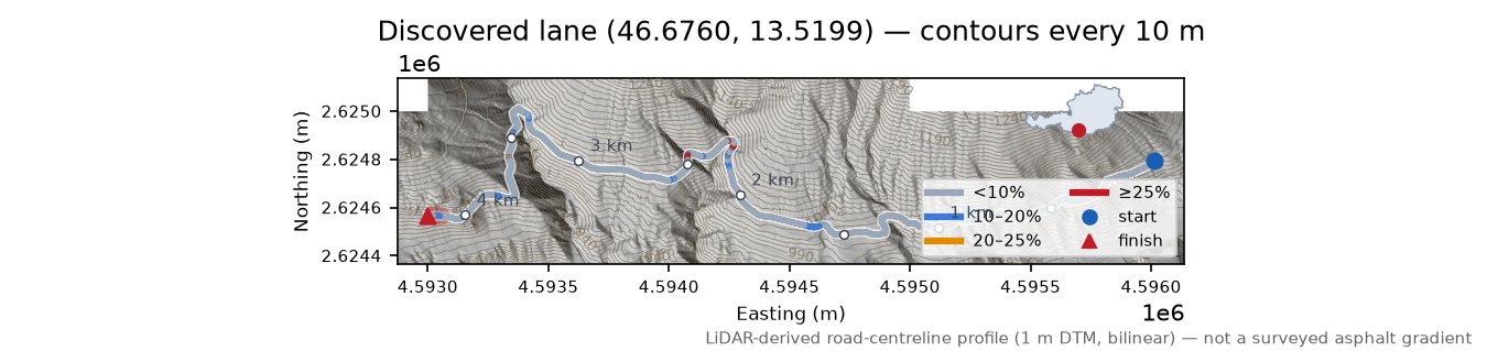 Discovered lane (46.6760, 13.5199) LiDAR hillshade map with contours