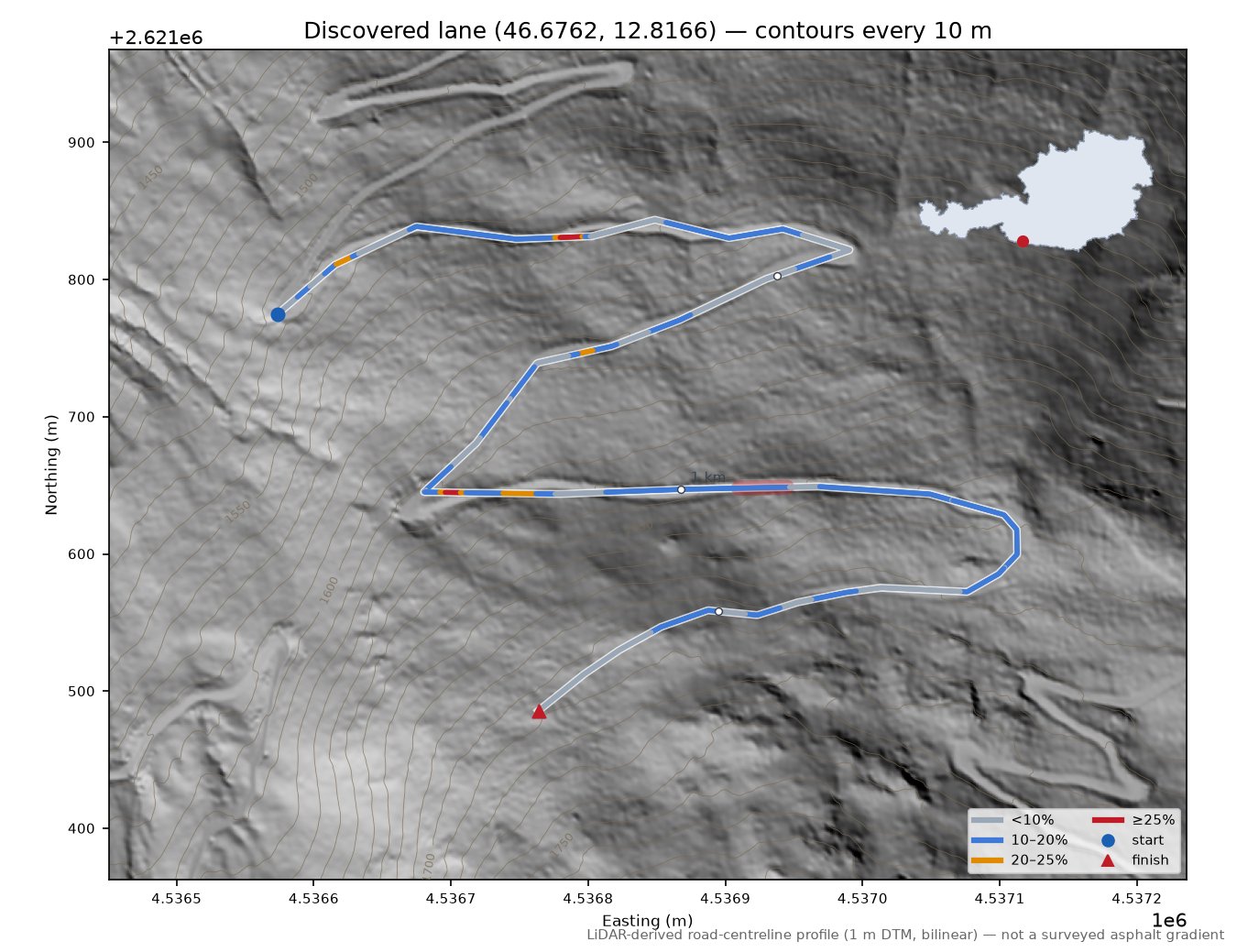 Discovered lane (46.6762, 12.8166) LiDAR hillshade map with contours