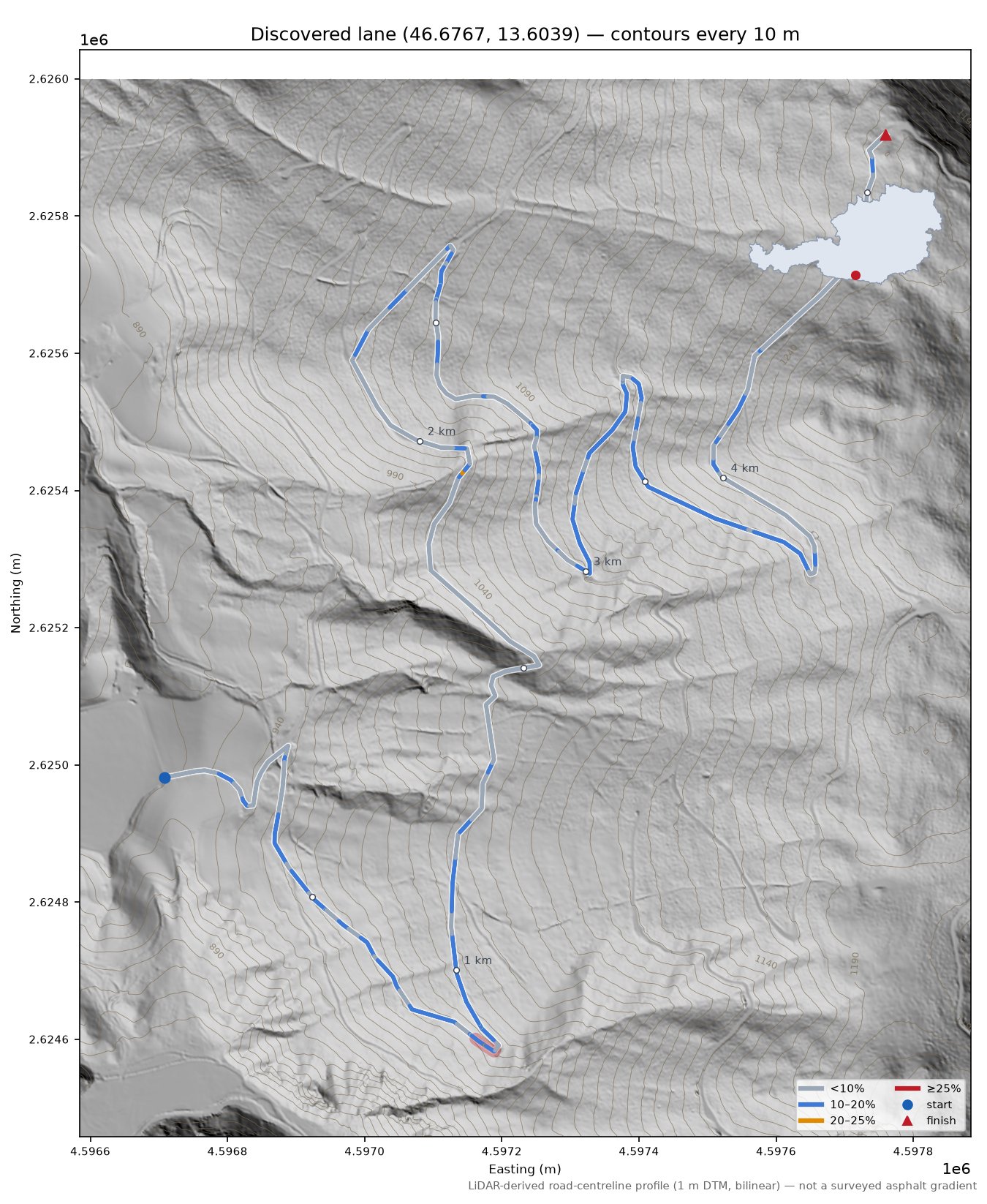 Discovered lane (46.6767, 13.6039) LiDAR hillshade map with contours