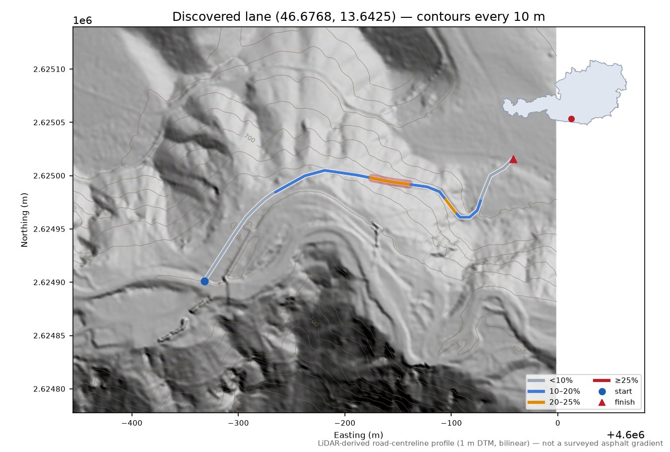 Discovered lane (46.6768, 13.6425) LiDAR hillshade map with contours