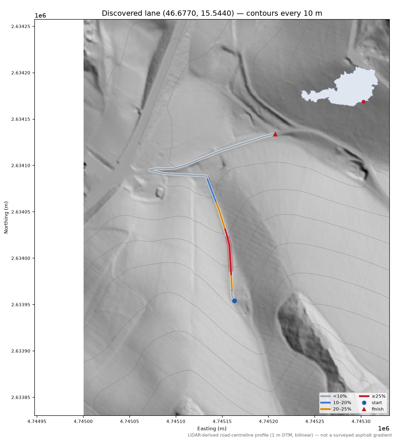 Discovered lane (46.6770, 15.5440) LiDAR hillshade map with contours