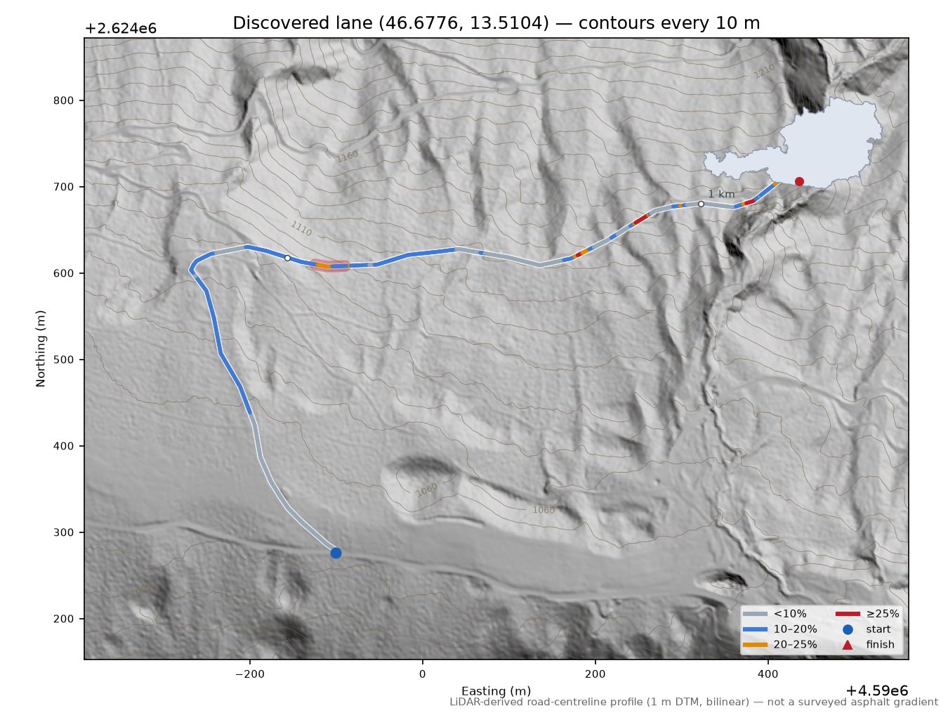 Discovered lane (46.6776, 13.5104) LiDAR hillshade map with contours