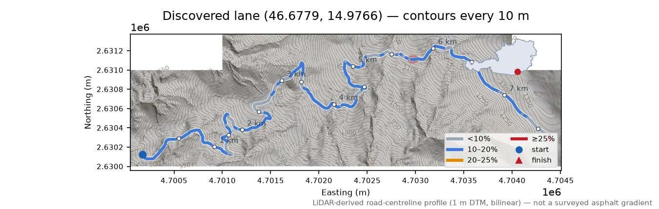 Discovered lane (46.6779, 14.9766) LiDAR hillshade map with contours