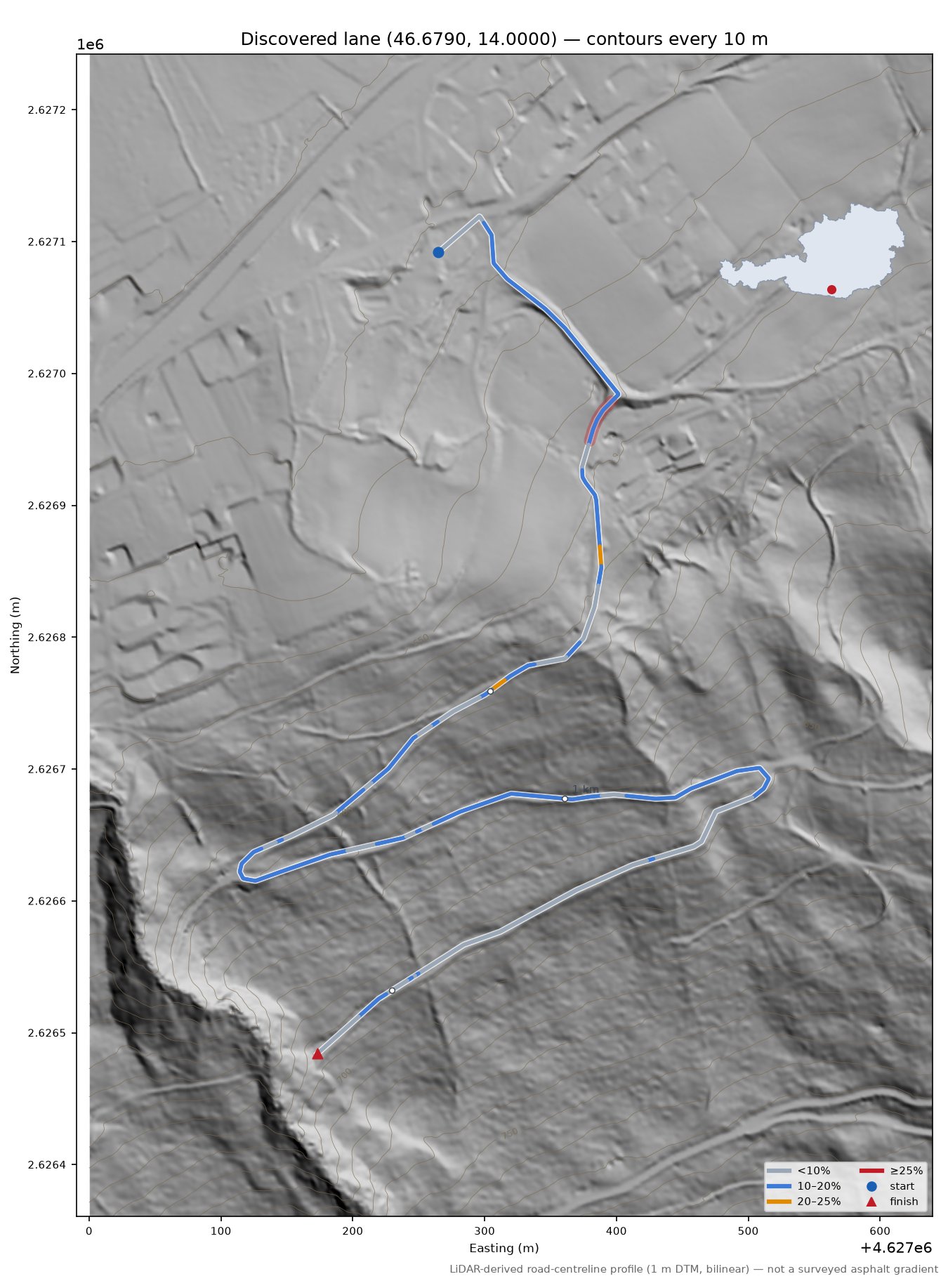 Discovered lane (46.6790, 14.0000) LiDAR hillshade map with contours