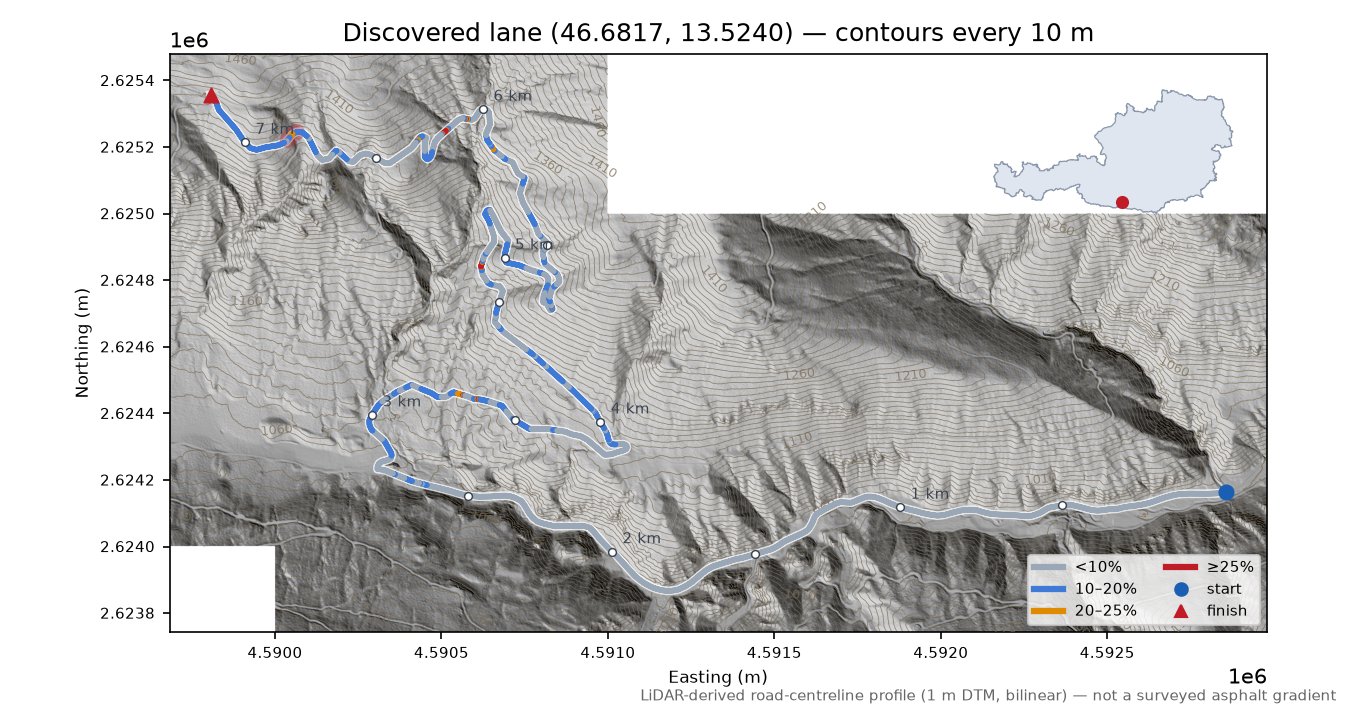 Discovered lane (46.6817, 13.5240) LiDAR hillshade map with contours
